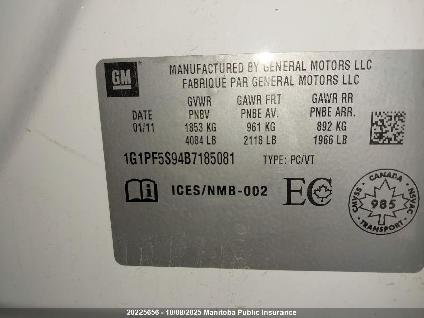 2011 Chevrolet Cruze Lt Turbo VIN: 1G1PF5S94B7185081 Lot: 20225656