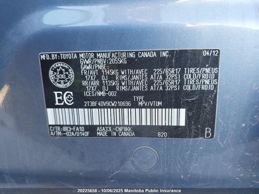 2012 Toyota Rav4 VIN: 2T3BF4DV9CW210696 Lot: 20225658