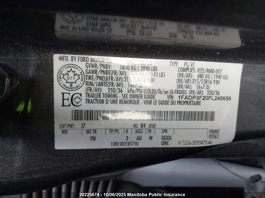 2015 Ford Focus Se VIN: 1FADP3F20FL245658 Lot: 20225674