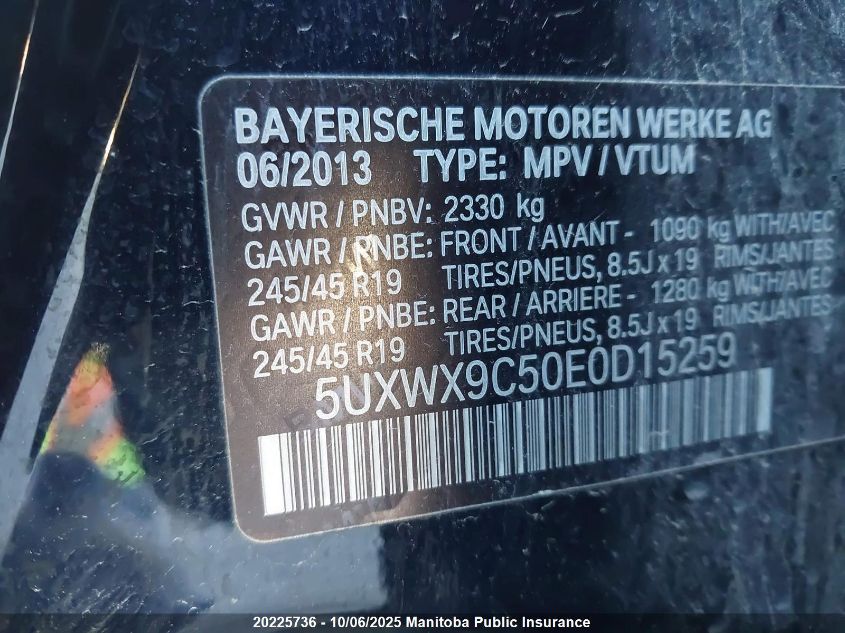 2014 BMW X3 28I VIN: 5UXWX9C50E0D15259 Lot: 20225736