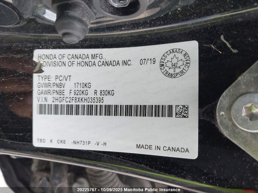 2019 Honda Civic Sport VIN: 2HGFC2F8XKH035395 Lot: 20225767