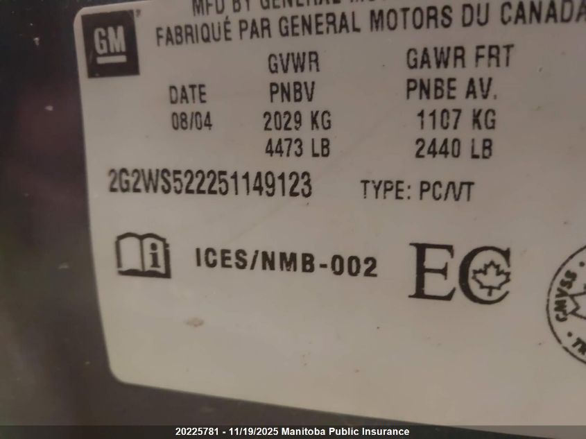 2005 Pontiac Grand Prix Gt VIN: 2G2WS522251149123 Lot: 20225781