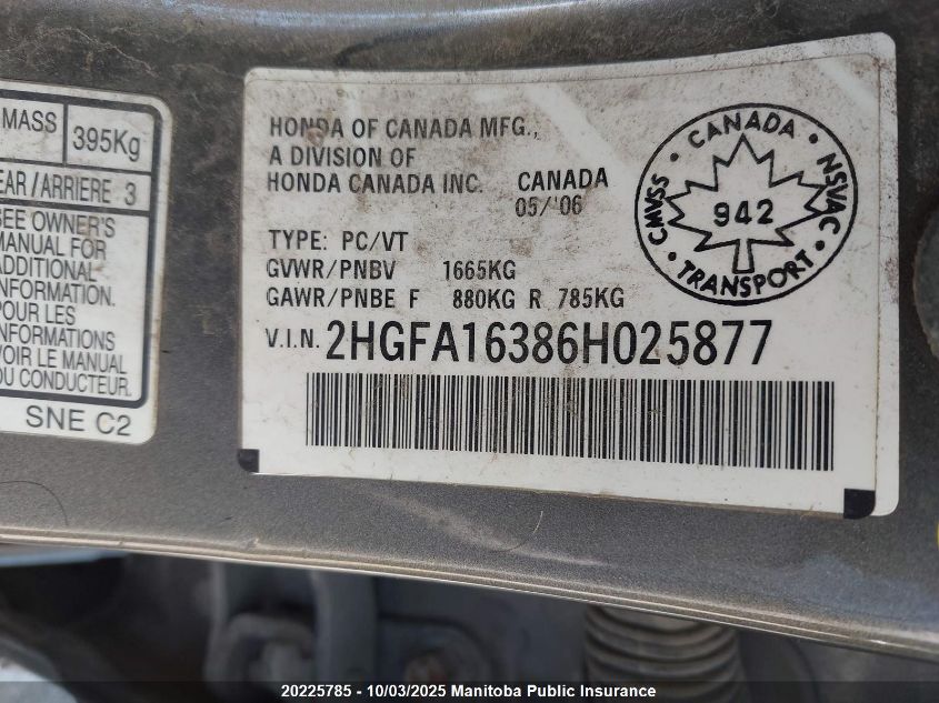 2006 Honda Civic Dx-G VIN: 2HGFA16386H025877 Lot: 20225785