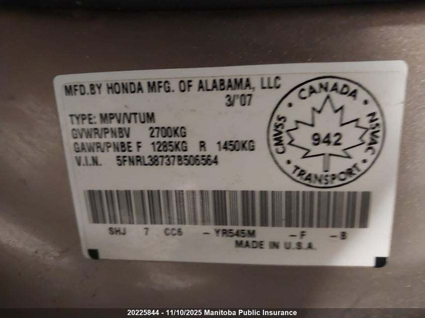 5FNRL38737B506564 2007 HONDA ODYSSEY photo no. 9