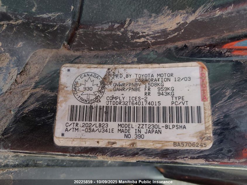 2004 Toyota Celica Gt VIN: JTDDR32T640174015 Lot: 20225859