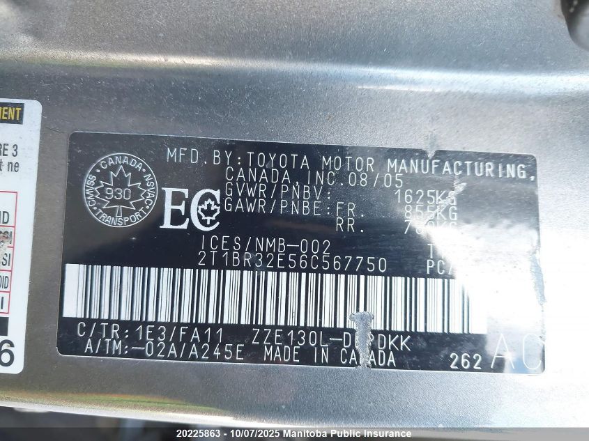 2006 Toyota Corolla Ce VIN: 2T1BR32E56C567750 Lot: 20225863