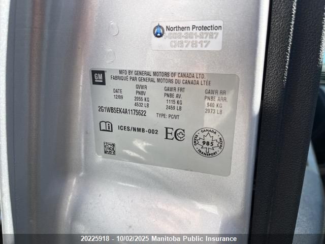 2010 Chevrolet Impala Lt V6 VIN: 2G1WB5EK4A1175622 Lot: 20225918