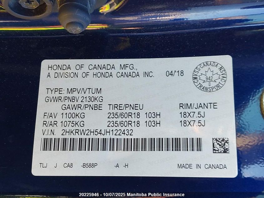 2018 Honda Cr-V Ex VIN: 2HKRW2H54JH122432 Lot: 20225946