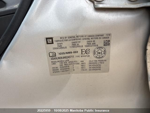 2017 GMC Terrain Sle VIN: 2GKALNEK4H6243711 Lot: 20225959