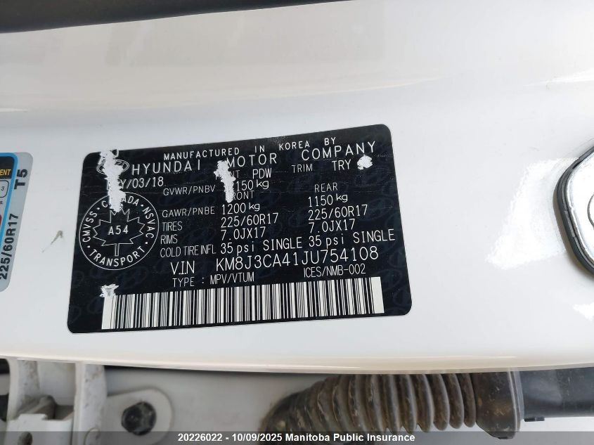 2018 Hyundai Tucson VIN: KM8J3CA41JU754108 Lot: 20226022