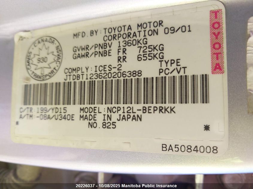 2002 Toyota Echo VIN: JTDBT123620206388 Lot: 20226037