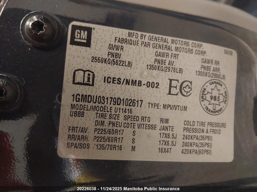 2009 Pontiac Montana Sv6 Sv6 VIN: 1GMDU03179D102617 Lot: 20226038