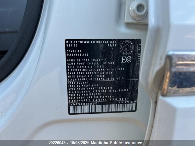 2019 Volkswagen Tiguan Highline 2.0 Tsi VIN: 3VV4B7AX9KM120087 Lot: 20226043