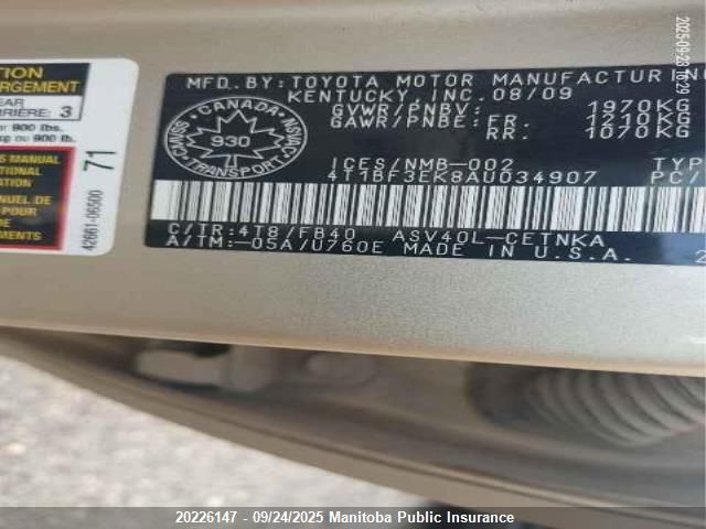 2010 Toyota Camry Se/Le/Xle VIN: 4T1BF3EK8AU034907 Lot: 20226147