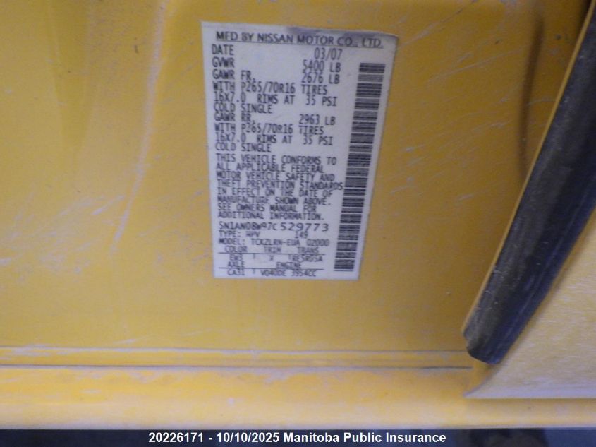 2007 Nissan Xterra S VIN: 5N1AN08W97C529773 Lot: 20226171