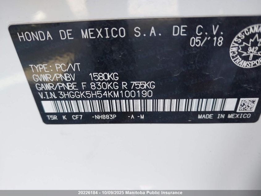 2019 Honda Fit Lx VIN: 3HGGK5H54KM100190 Lot: 20226184