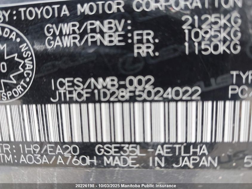 2015 Lexus Is 250 VIN: JTHCF1D28F5024022 Lot: 20226198