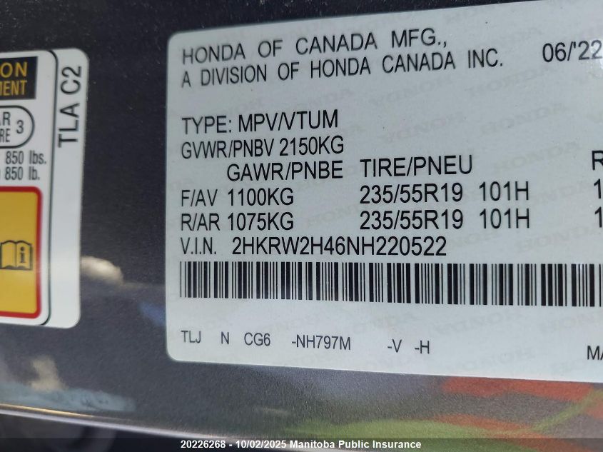 2022 Honda Cr-V Sport VIN: 2HKRW2H46NH220522 Lot: 20226268