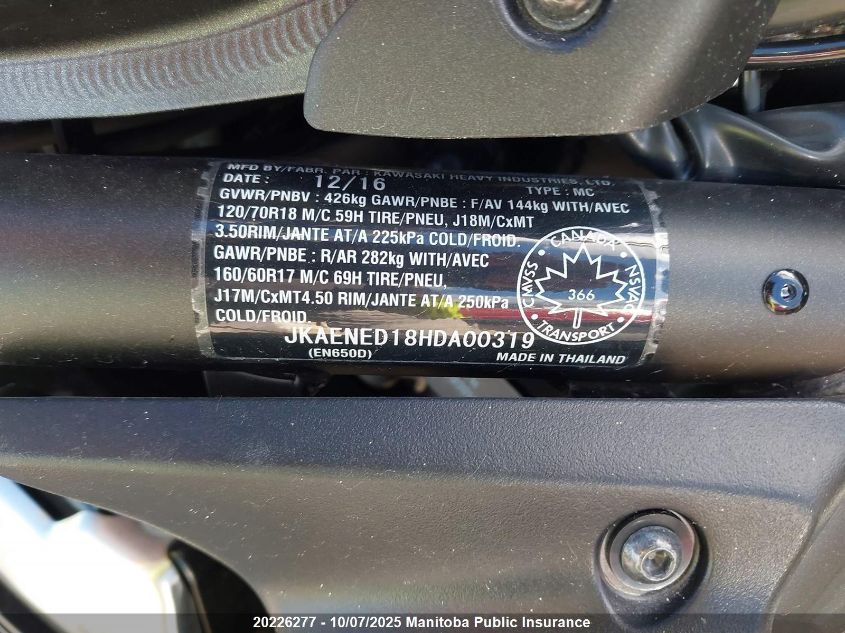 2017 Kawasaki En650 Vulcan S Abs VIN: JKAENED18HDA00319 Lot: 20226277