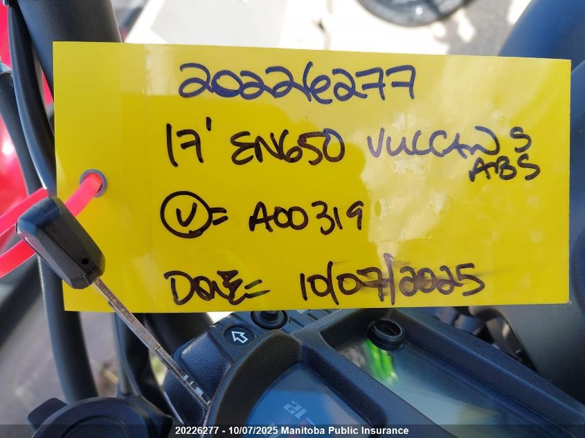 2017 Kawasaki En650 Vulcan S Abs VIN: JKAENED18HDA00319 Lot: 20226277