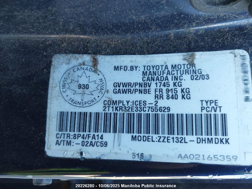 2003 Toyota Matrix VIN: 2T1KR32E33C755629 Lot: 20226280