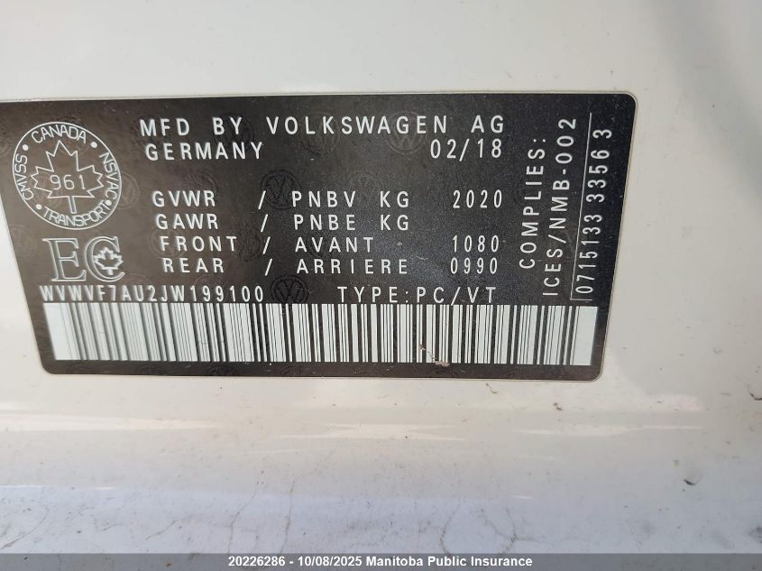 2018 Volkswagen Golf R 4Motion VIN: WVWVF7AU2JW199100 Lot: 20226286