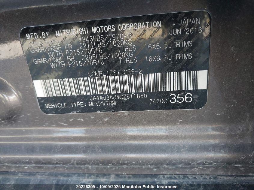 2016 Mitsubishi Rvr Se VIN: JA4AJ3AU4GZ611850 Lot: 20226305