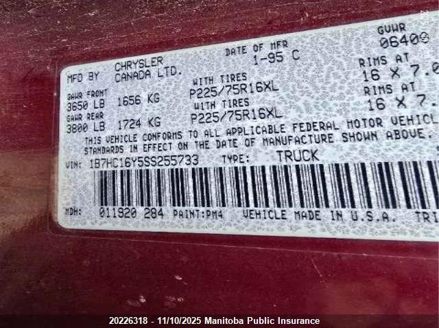 1B7HC16Y5SS255733 1995 DODGE RAM photo no. 9