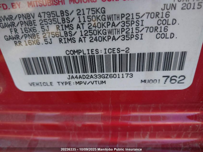 2016 Mitsubishi Outlander Es VIN: JA4AD2A33GZ601173 Lot: 20226335