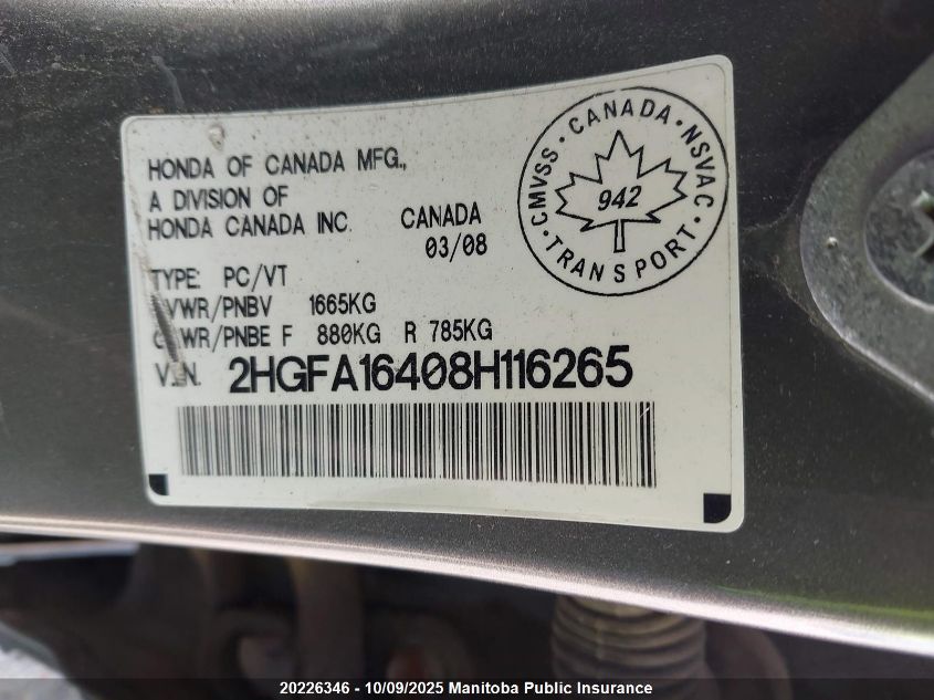 2008 Honda Civic Dx-G VIN: 2HGFA16408H116265 Lot: 20226346