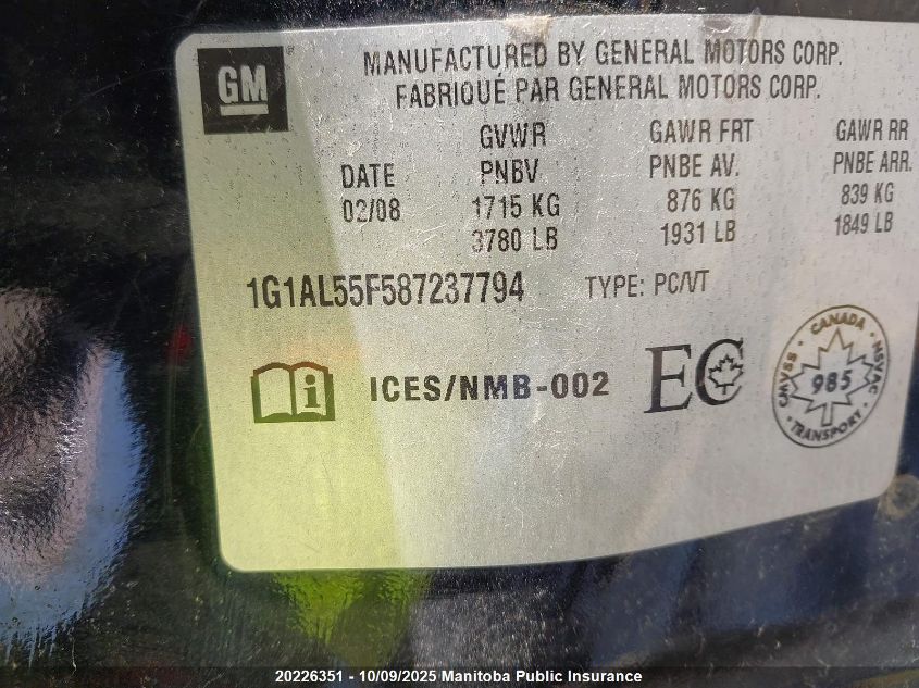 2008 Chevrolet Cobalt Lt VIN: 1G1AL55F587237794 Lot: 20226351