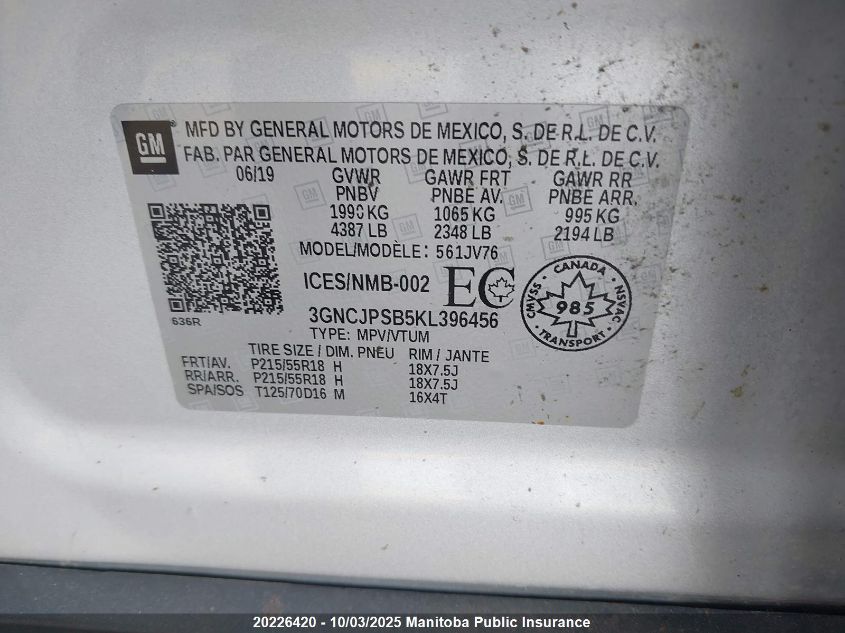 2019 Chevrolet Trax Ls VIN: 3GNCJPSB5KL396456 Lot: 20226420