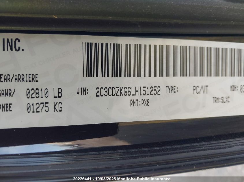 2020 Dodge Challenger Gt VIN: 2C3CDZKG6LH151252 Lot: 20226441