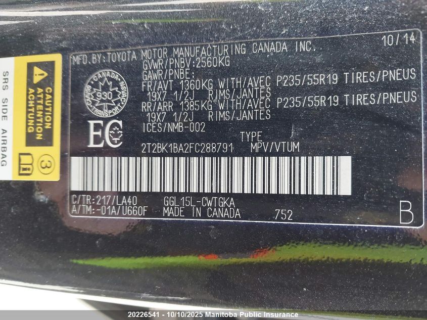 2015 Lexus Rx350 VIN: 2T2BK1BA2FC288791 Lot: 20226541