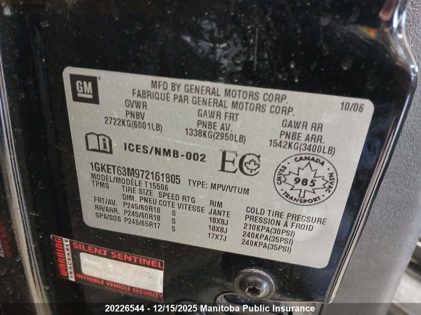 2007 GMC Envoy Denali VIN: 1GKET63M972161805 Lot: 20226544