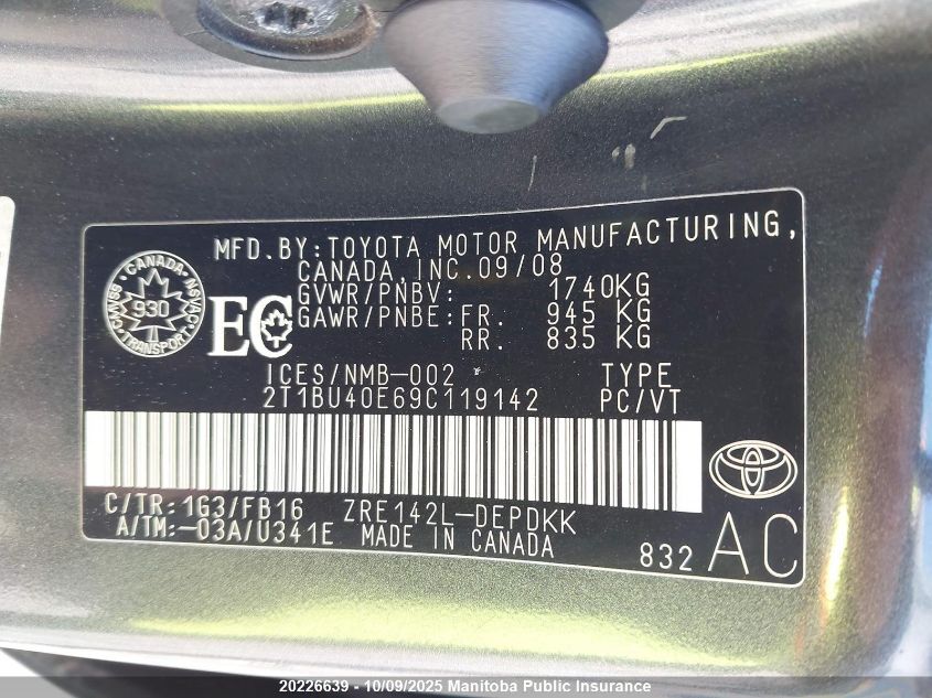 2009 Toyota Corolla VIN: 2T1BU40E69C119142 Lot: 20226639