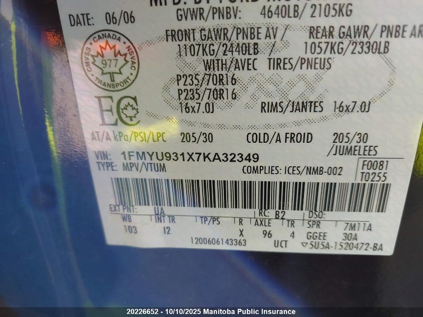 2007 Ford Escape Xlt V6 VIN: 1FMYU931X7KA32349 Lot: 20226652