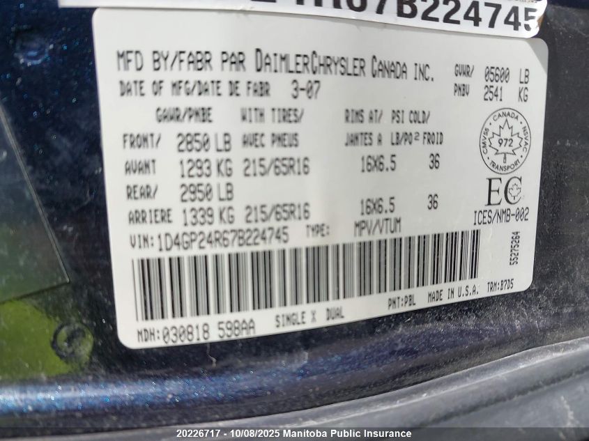 2007 Dodge Grand Caravan VIN: 1D4GP24R67B224745 Lot: 20226717