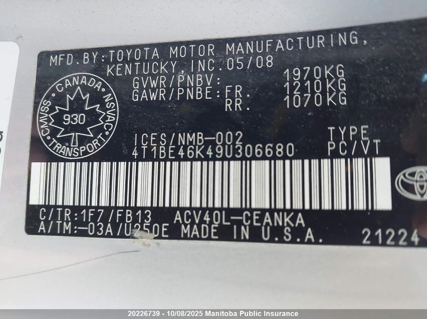 2009 Toyota Camry Le VIN: 4T1BE46K49U306680 Lot: 20226739