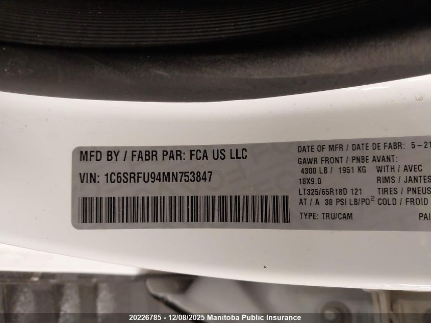 2021 Dodge Ram 1500 Trx Crew Cab VIN: 1C6SRFU94MN753847 Lot: 20226785