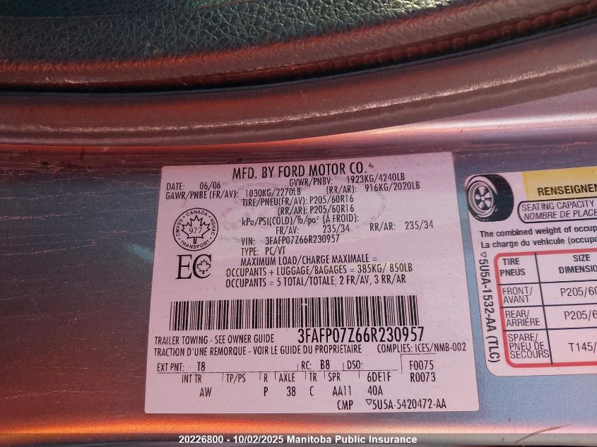 2006 Ford Fusion Se VIN: 3FAFP07Z66R230957 Lot: 20226800