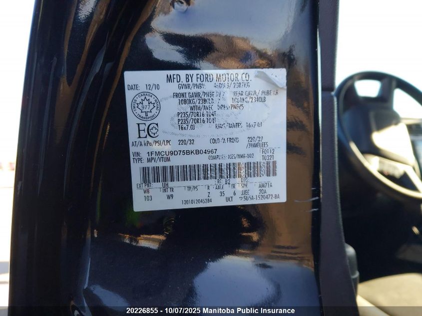 2011 Ford Escape Xlt VIN: 1FMCU9D75BKB04967 Lot: 20226855