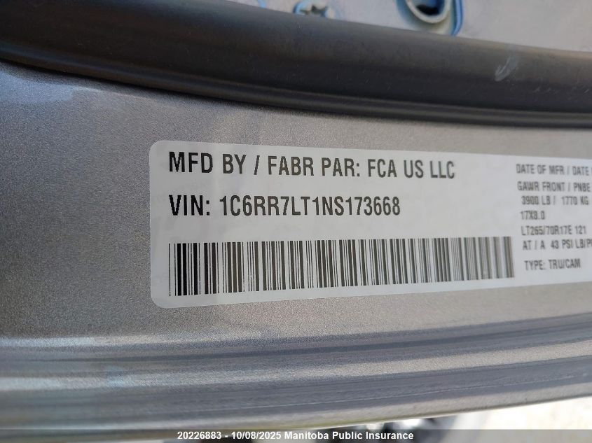 2022 Dodge Ram 1500 Slt Crew Cab VIN: 1C6RR7LT1NS173668 Lot: 20226883
