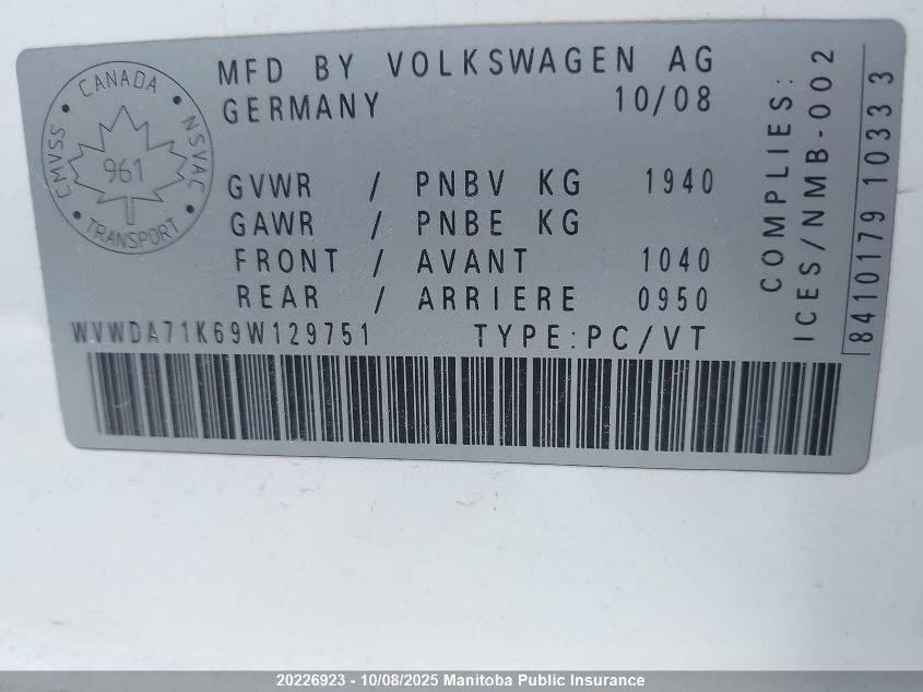 2009 Volkswagen Rabbit 2.5 VIN: WVWDA71K69W129751 Lot: 20226923