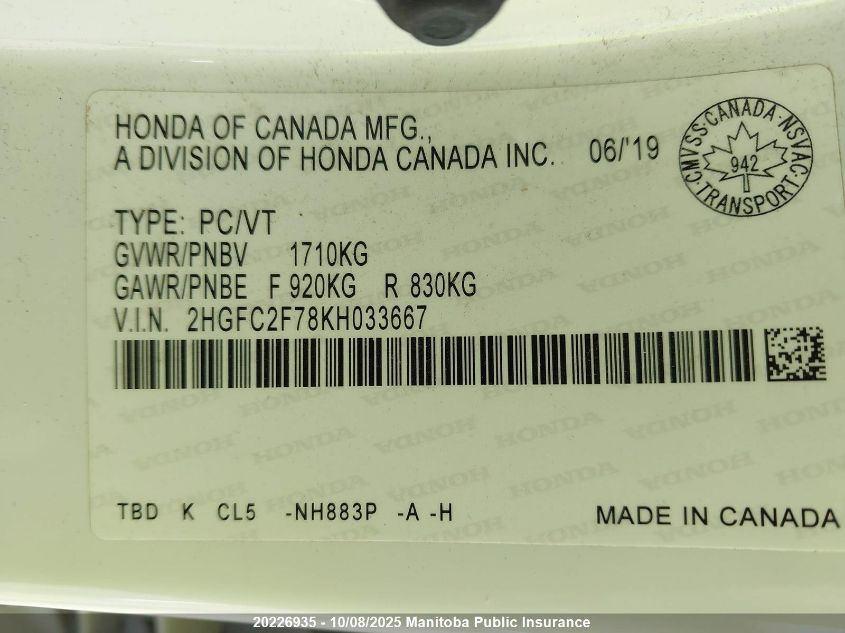 2019 Honda Civic Ex VIN: 2HGFC2F78KH033667 Lot: 20226935