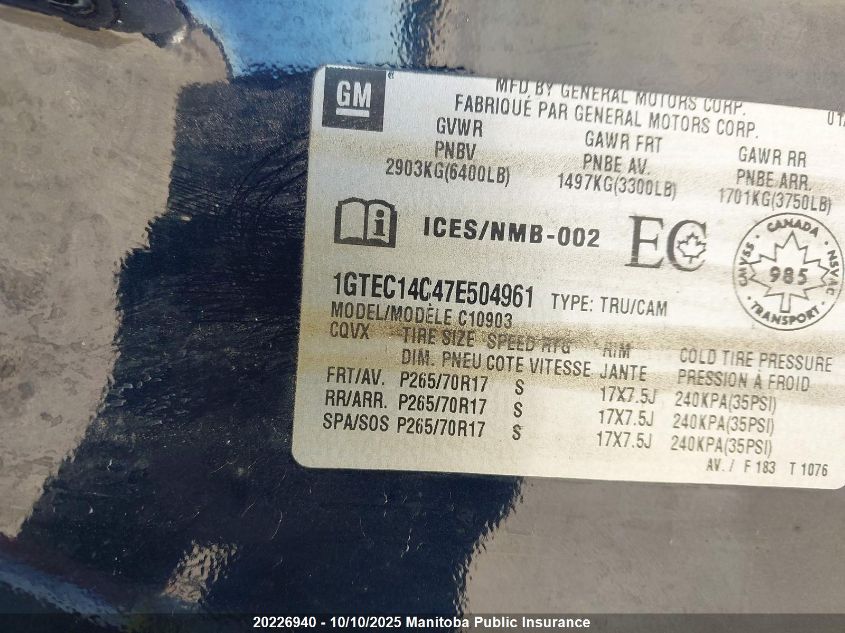 2007 GMC Sierra 1500 Pickup VIN: 1GTEC14C47E504961 Lot: 20226940