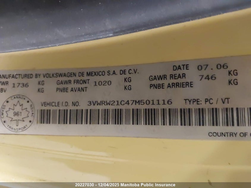 3VWRW21C47M501116 2007 VOLKSWAGEN BEETLE photo no. 9