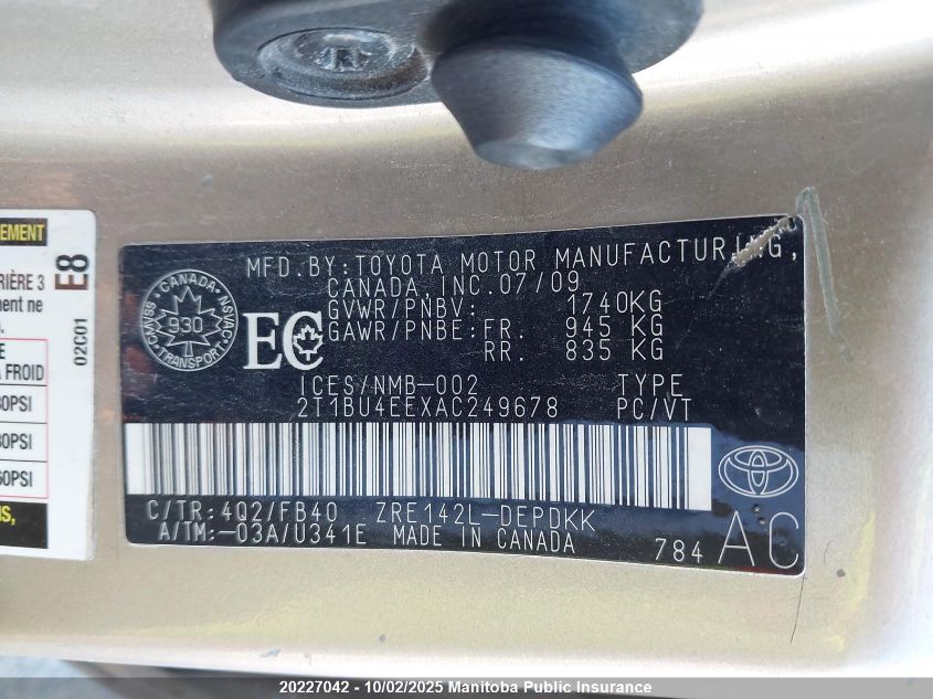 2010 Toyota Corolla Ce VIN: 2T1BU4EEXAC249678 Lot: 20227042