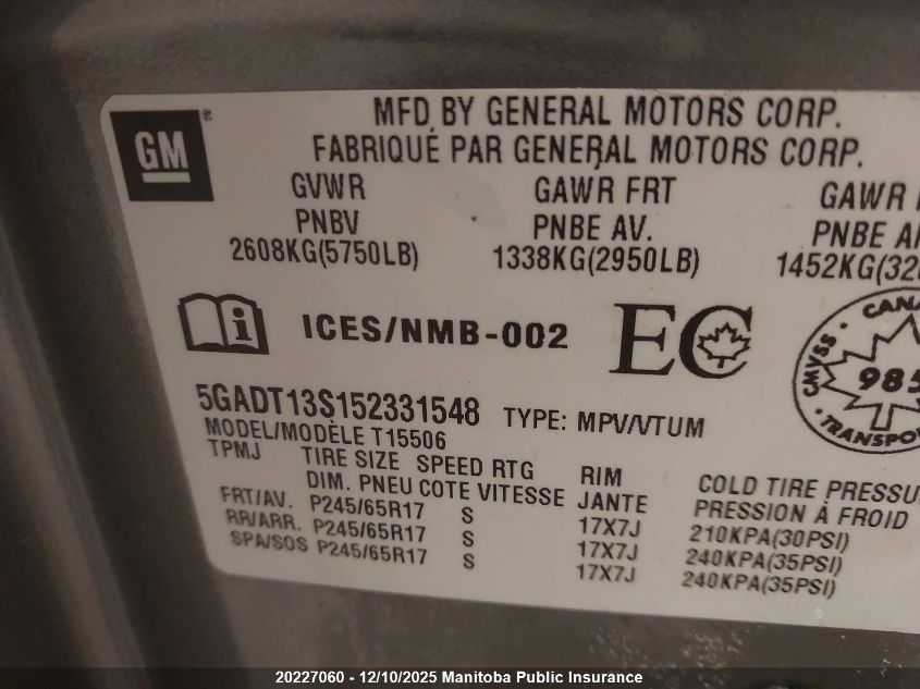 2005 Buick Rainier Cxl VIN: 5GADT13S152331548 Lot: 20227060