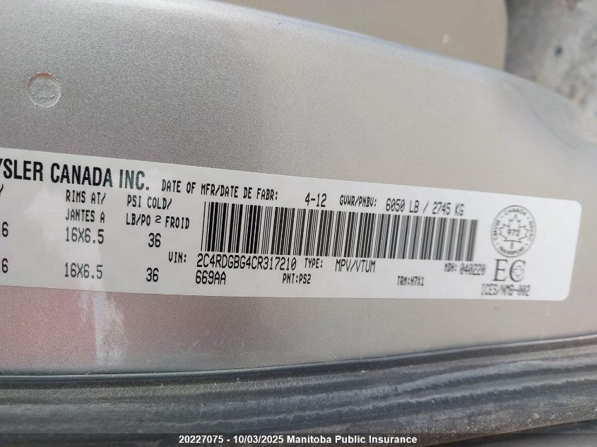 2012 Dodge Grand Caravan Crew VIN: 2C4RDGBG4CR317210 Lot: 20227075